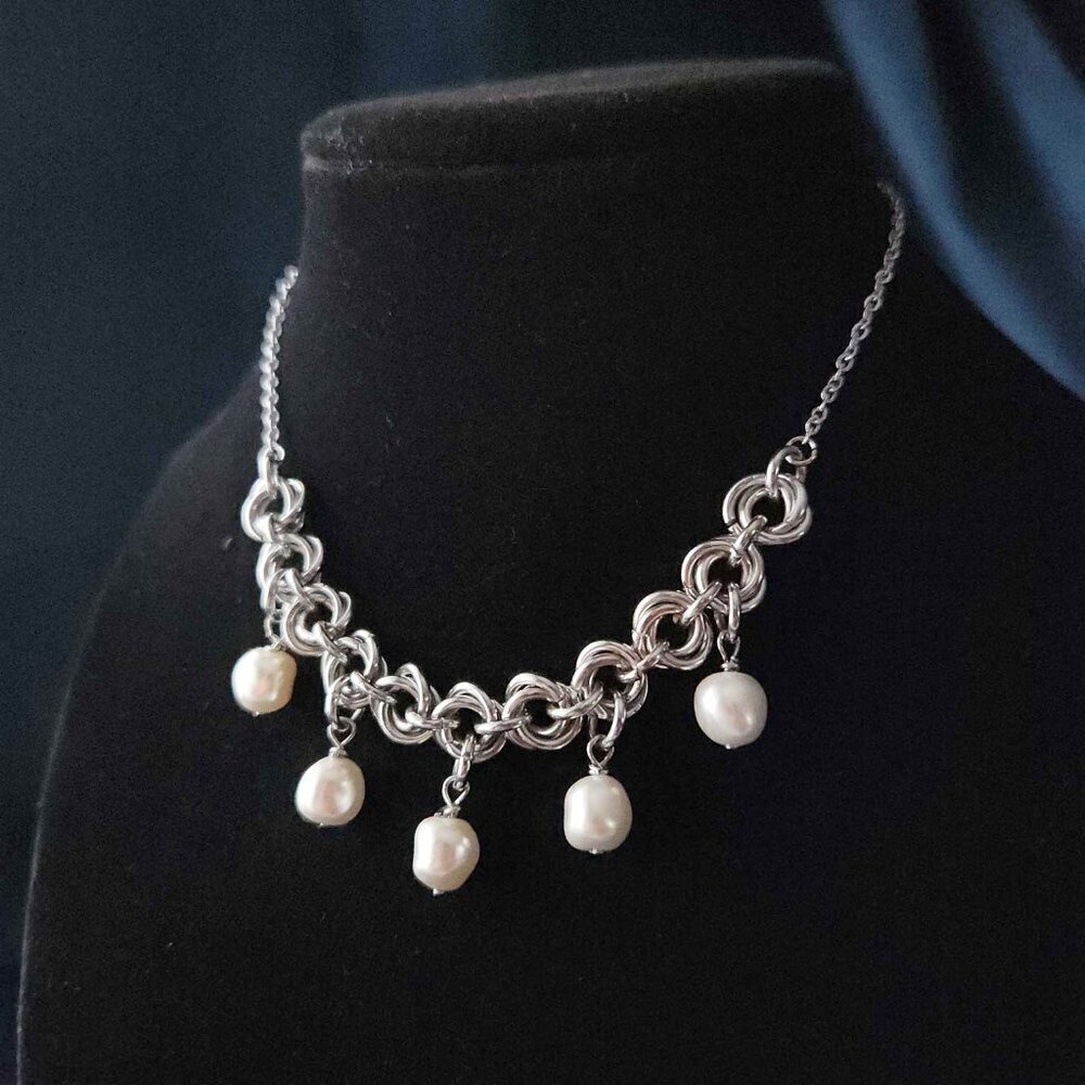 Vintage Antique silver and natural pearls statement necklace with a silver chain